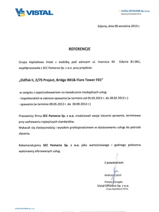 Reference 2012 - 2013_Vistal Offshore_Eldfisk II,  Eldfisk 2_7S, Bridge B01 and Flare Tower F01 Projects (welding and welding inspections) - SEC Pomorze.pdf