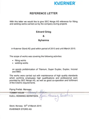 Reference 2013 - 2015_Kvaerner Stord AS_Edvard Grieg and Nyhamna Projects (welding and fitting) - SEC Norge.pdf