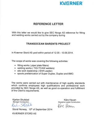 Reference 2014 - 2014_ Kvaerner Stord AS_Transocean Barents Project (welding and fitting, piping spools prefabrication and site supervision) - SEC Norge.pdf
