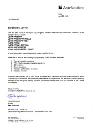 Reference 2017 - 2022_Aker Solutions AS Stord_Insulation_(Johan Sverdrup, Njord Future, Johan Castberg) - SEC Norge.pdf