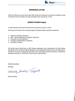 Reference 2017 - 2022_Aker Solutions AS Stord_Njord Future (insulation, prefabrication, supervision, work preparation and measurement) - SEC Norge.pdf