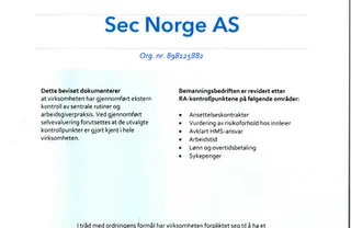 SEC Norge AS with Revidert Arbeidsgiver certification
