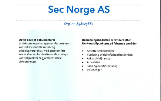 SEC Norge AS with Revidert Arbeidsgiver certification