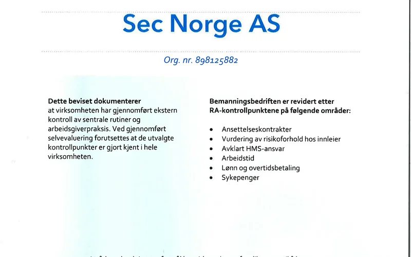 Revidert Arbeidsgiver certification for SEC Norge AS signed under NHO Service og Handel.png